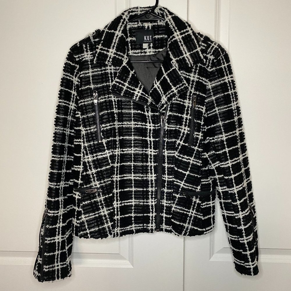 Kut from the Kloth Eveline Textured Check Faux Leather Moto Jacket Womens M